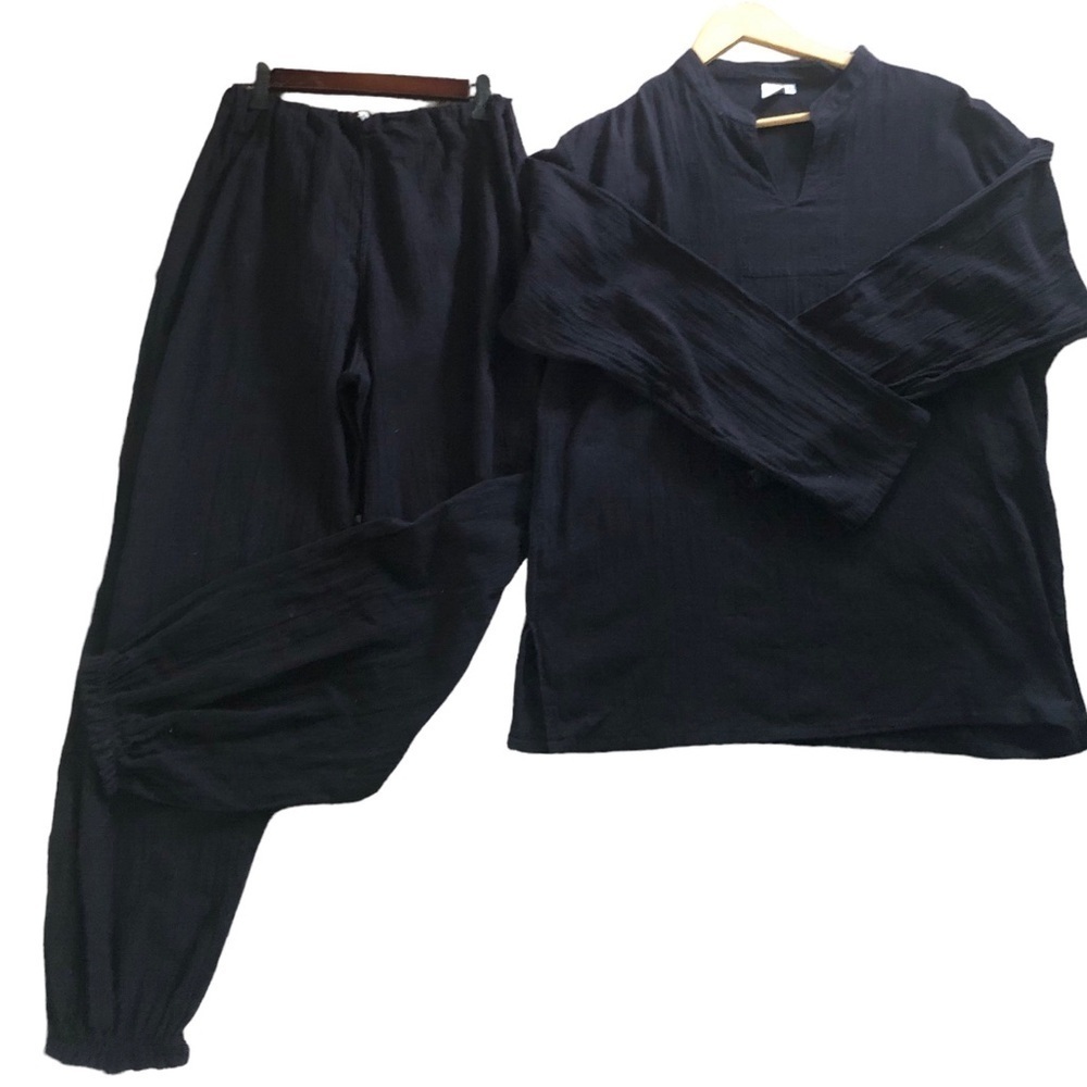 Eastern Serenity 100% Cotton Tunic Top Island Pant Set Black Sz XL Lagenlook